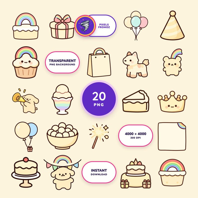Rainbow Birthday Party Clip Art PNG, 20 Cheerful Celebration Designs image 1