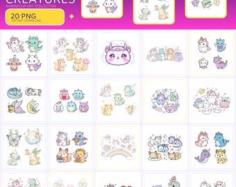 Kawaii Magical Creature Clip Art, 20 Transparent PNGs, 4000px