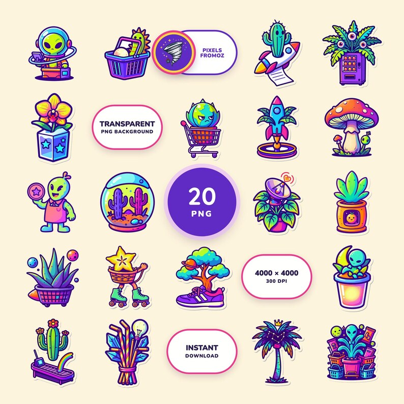 Imágenes prediseñadas PNG de una tienda de conveniencia intergaláctica de plantas de interior, 20 diseños cósmicos imagen 1