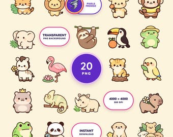 Imágenes prediseñadas de animales de la selva en formato PNG, 20 amigos de la sabana tropical (descarga digital)