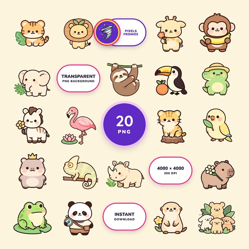 Jungle Animal Clip Art PNG, 20 Tropical Safari Friends (Digital Download) image 1