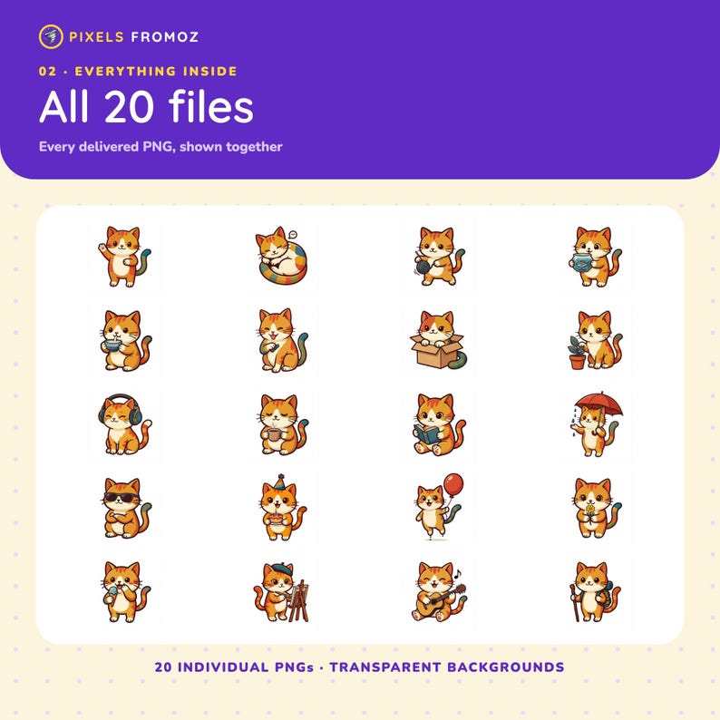 Kawaii Cat PNG Clip Art Set, 20 Illustrations with Props (Digital Download) image 10