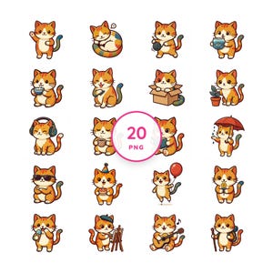 Kawaii Cat PNG Clip Art Set, 20 Illustrations with Props (Digital Download) image 1