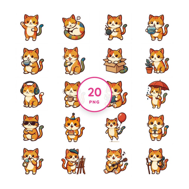 Kawaii Cat PNG Clip Art Set, 20 Illustrations with Props (Digital Download) image 1