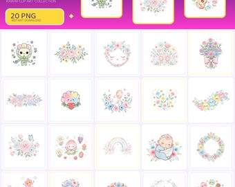 Watercolor Floral Clip Art PNG - 20 Kawaii Flower Graphics