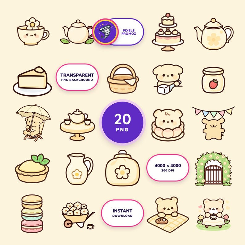 Garden Tea Party Clip Art PNG, 20 Whimsical Tea Designs image 1