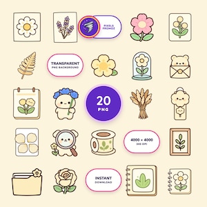 Pressed Flower Journal Elements PNG, 20 Botanical Scrapbook Designs image 1