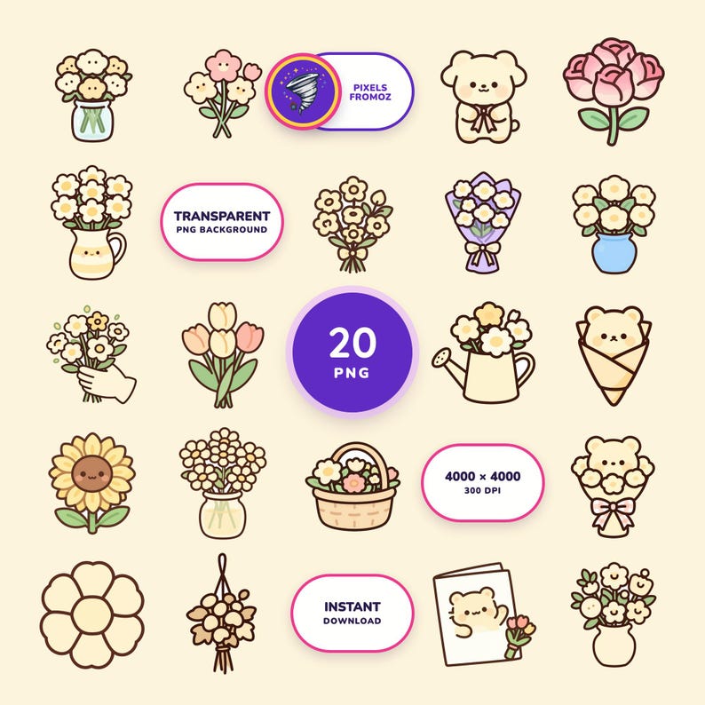 Cottage Garden Bouquet Clip Art PNG, 20 Floral Arrangement Designs image 1
