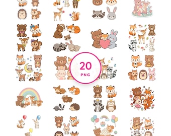 Imágenes prediseñadas PNG de animales del bosque, gráficos para baby shower y guardería, 20 archivos transparentes