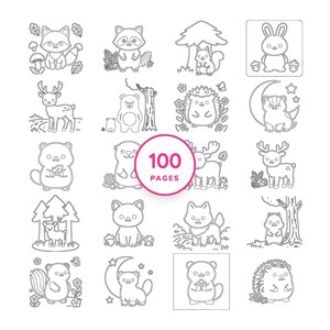 かわいい動物ぬりえ100枚、印刷可能なPDFブック（USレターサイズ、A4サイズ） 画像 1