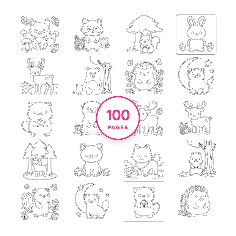 かわいい動物ぬりえ100枚、印刷可能なPDFブック（USレターサイズ、A4サイズ） 画像 1