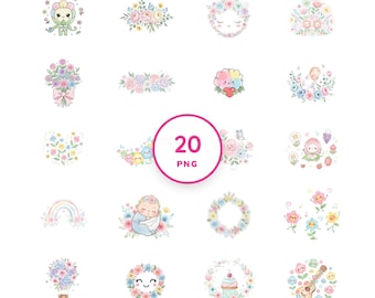 Watercolor Floral Clip Art PNG - 20 Kawaii Flower Graphics