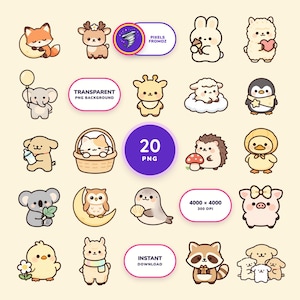 Imágenes prediseñadas de animales para baby shower en formato PNG, 20 adorables amigos para la habitación del bebé para manualidades. imagen 1