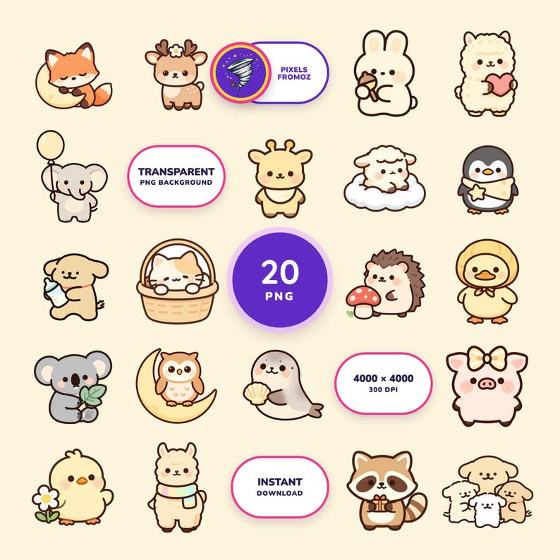 Imágenes prediseñadas de animales para baby shower en formato PNG, 20 adorables amigos para la habitación del bebé para manualidades. imagen 1