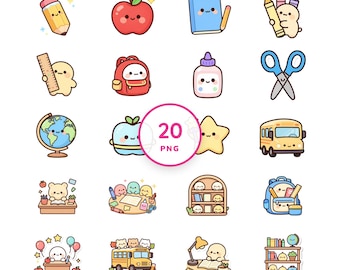 Kawaii Classroom Clip Art – School Supplies, Teacher Planners (20 PNGs)