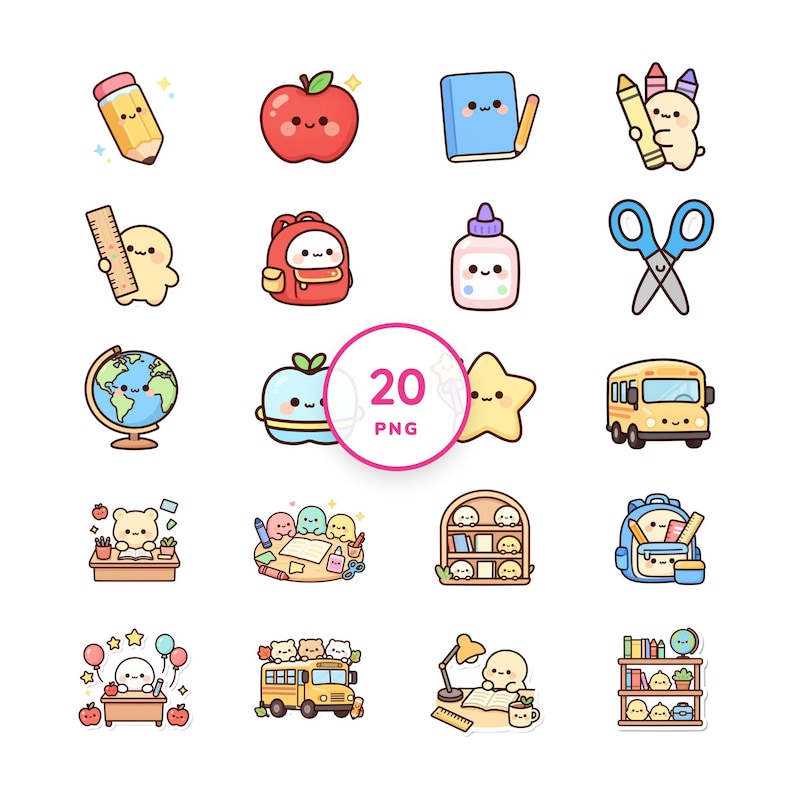 Imagens Kawaii para Sala de Aula – Materiais Escolares, Agendas para Professores (20 PNGs) imagem 1