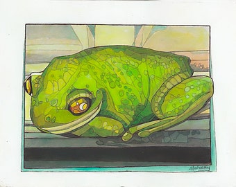 Frog on a window-seal, Oil on paper, Original oil, Frog, Green tree frog, 11 by 14, Robert Mahosky