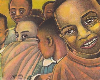 Group of African Kids, African, Kids, Children, 11 inch by 14 inch, Robert Mahosky, OIl painting,