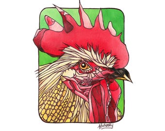 Rooster, Barnyard, Bird, 11 inch by 14 inch, Print, Chicken, Reds and Whites, Robert Mahosky