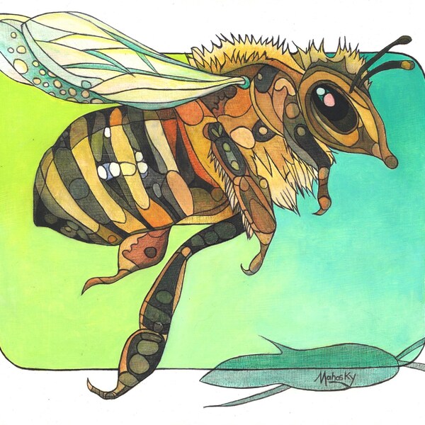 Flying Bee, Bee, Insect, Bug, Original art, 11 by 14, Robert Mahosky