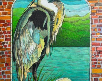 Crane, Water bird, Oil painting, original, 11 by 14, Robert Mahosky