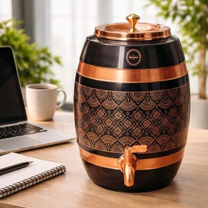 8 Liter Black Copper Water Dispenser | Traditional Engraved Indian Pot with Tap