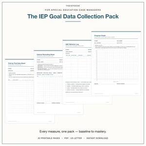 IEP-doelgegevensverzamelingspakket | Voortgangsmonitoringsformulieren voor speciaal onderwijs | Proefperiode, frequentie, duur, ABC, grafieken | PDF