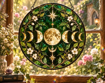 Moon Phase Suncatcher, Green Gothic Glass Window Hanging, Celestial Moon Decor for Witchy Homes, Gift for Moon Lovers