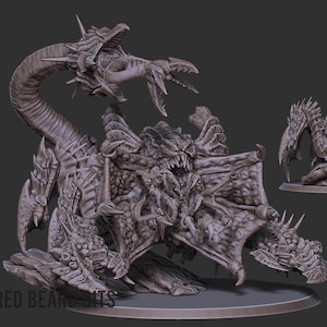 May include: A grey, unpainted resin miniature of a multi-limbed, monstrous creature with a central maw, sharp teeth, and a long, curved tail ending in a pincer. The figure features textured, armored plating and spikes, displayed from two angles.