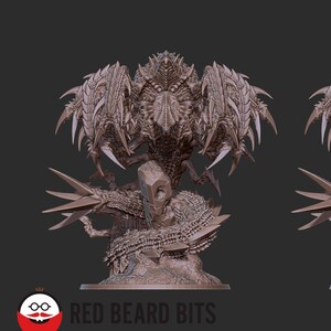 May include: Two identical brown, highly detailed fantasy creature figurines featuring intricate chitinous armor, sharp spikes, and multiple limbs. The figures are posed on rocky bases with jagged textures, showcasing complex organic shapes and sharp protrusions.