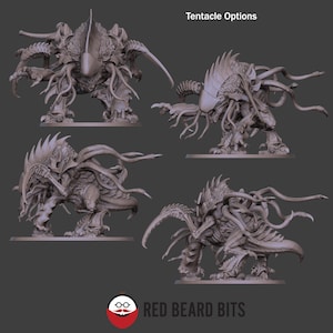 Puede incluir: Una miniatura de resina gris sin pintar de una criatura de múltiples extremidades con cabeza puntiaguda, garras afiladas y numerosos tentáculos, mostrada desde cuatro ángulos. El texto "Tentacle Options" y "RED BEARD BITS" es visible.