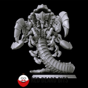 May include: A grey, unpainted miniature figurine of a multi-legged creature with a segmented tail, large curved claws, and a spiked carapace. The creature features a central head with sharp mandibles and multiple limbs extending from its torso.