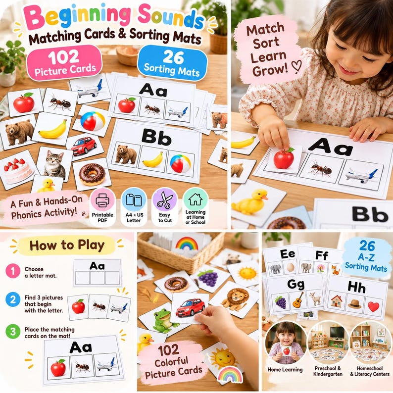Beginning Sounds Activity Bundle Printable, 102 Matching Cards + 26 A-Z ...