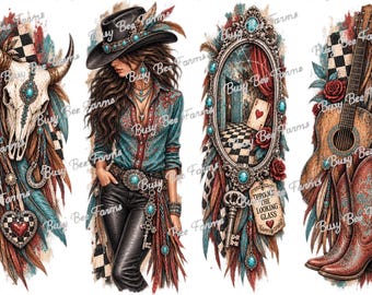 Western Wonderland Panel PNG | Cowgirl Skull Mirror Guitar Digital Download | Turquoise Red DTF Sublimation Graphic