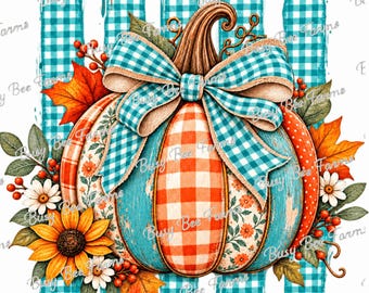 Gingham Pumpkin PNG | Teal and Orange Fall Pumpkin Design | Autumn Floral PNG | Fall Shirt Design | Digital Download