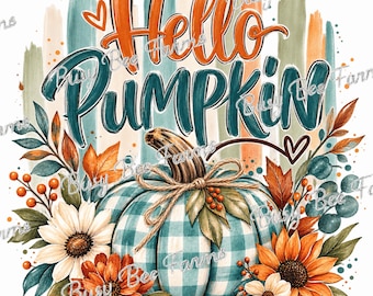 Hello Pumpkin PNG | Teal Gingham Pumpkin Design | Orange Teal Fall PNG | Autumn Floral Shirt Design | Digital Download