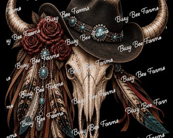 Western Cow Skull PNG | Cowboy Hat & Turquoise Digital Download | Red Roses Western DTF Sublimation Graphic