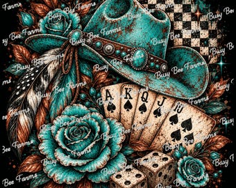 Turquoise Cowgirl Hat PNG | Western Playing Cards Digital Download | Country Wonderland DTF Sublimation Graphic