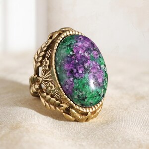Vintage Ruby Zoisite Ring, Ornate Gold Statement Ring, Adjustable Floral Gemstone Jewelry