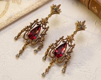 Pendientes de araña rojos vintage, filigrana de oro antiguo, joyería llamativa de cristal rubí