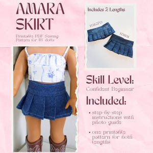 May include: A printable PDF sewing pattern for the Amara Skirt for 18-inch dolls. The image displays a doll wearing a white floral crop top and a blue denim pleated skirt. Two skirt length options, micro and mini, are shown in a separate inset.
