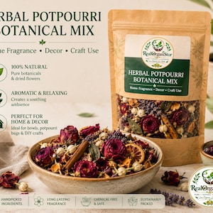 May include: A brown paper pouch and a ceramic bowl filled with a dried herbal potpourri botanical mix. The mix contains red roses, lavender, cinnamon sticks, and orange slices. The pouch features the text RealOrganiStor Herbal Potpourri Botanical Mix.