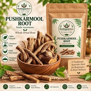 May include: A brown wooden bowl filled with dried Pushkarmool root, Inula racemosa, next to a brown paper pouch labeled RealOrganicStore Pushkarmool Root. The packaging includes text about natural herbal products and respiratory and heart wellness.
