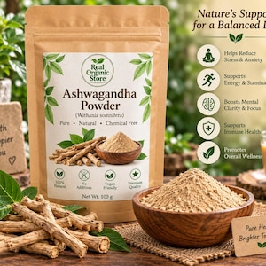 May include: A brown paper pouch of Ashwagandha powder with a label reading Real Organic Store, Ashwagandha Powder, Withania somnifera, and Net Wt. 100 g. The pouch is surrounded by raw Ashwagandha roots, a wooden bowl of powder, and text icons.