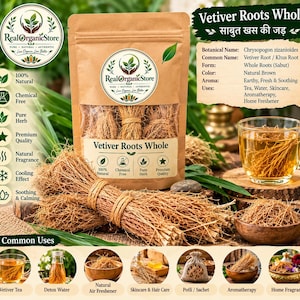 Może przedstawiać: Brązowa papierowa torebka z etykietą Vetiver Roots Whole zawierająca suszone, włókniste korzenie. Opakowanie zawiera logo RealOrganicStore oraz ikony oznaczające naturalność, brak chemii i najwyższą jakość. Obok widoczne są pęczki korzeni wetiwerii.