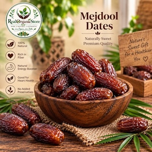 Może przedstawiać: Drewniana miska wypełniona ciemnobrązowymi, pomarszczonymi daktylami Medjool. Tekst na obrazie zawiera RealOrganicStore, Mejdool Dates, Naturally Sweet Premium Quality, 100% Natural, Rich in Fiber, Natural Energy Booster, Good for Heart Health, No Added Preservatives oraz Nature's Sweet Gift for a Healthier You.