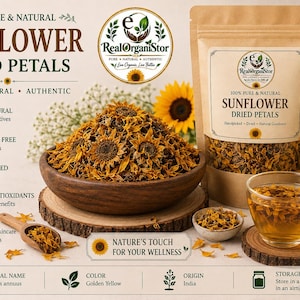 May include: A brown wooden bowl filled with dried sunflower petals, a matching kraft paper pouch labeled 100% Pure & Natural Sunflower Dried Petals, a glass cup of golden tea, a small wooden scoop, and fresh sunflowers on a light surface.