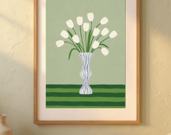 Jarrón minimalista de tulipanes blancos para imprimir en la pared: descarga de diseño floral folk en verde salvia