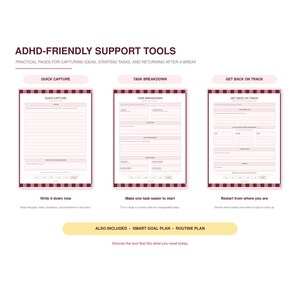 Puede incluir: Herramientas de apoyo para TDAH con tres p&aacute;ginas imprimibles tituladas Quick Capture, Task Breakdown y Get Back On Track. Cada p&aacute;gina tiene un borde a rayas rosa y marr&oacute;n oscuro, secciones estructuradas para escribir y una banda amarilla.