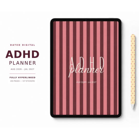ADHD Digital Planner 2026–2027, Goodnotes iPad, Hyperlinked Daily Weekly Monthly, PNG SVG Stickers